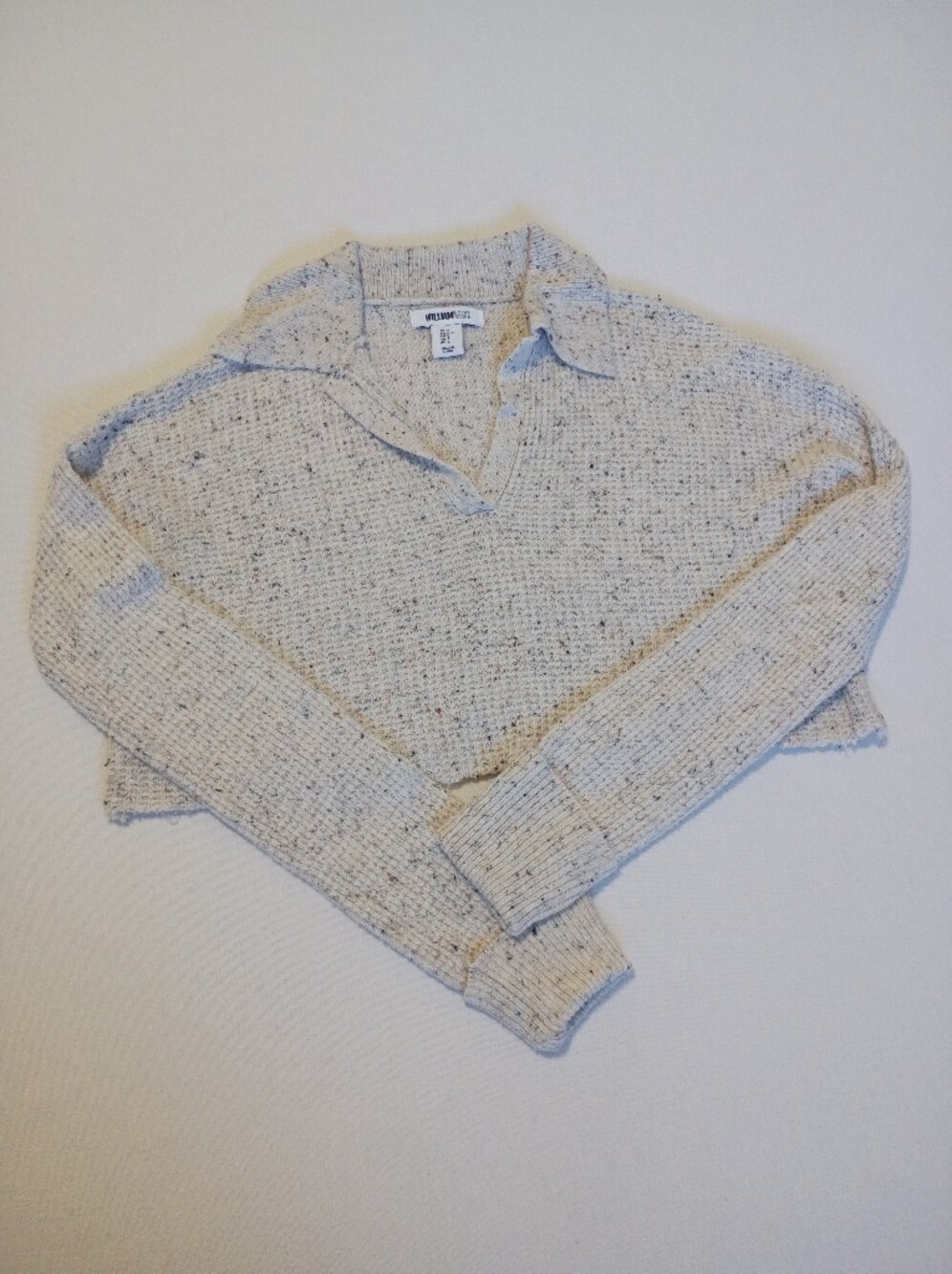 William Rast Cropped Waffle Knit Sweater S Cream Speckled Confetti Polo Collared